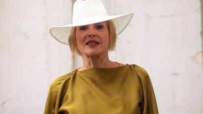 Sharon Stone ushers back in an era of Quiet Luxury in an olive silk dress and metallic accessories