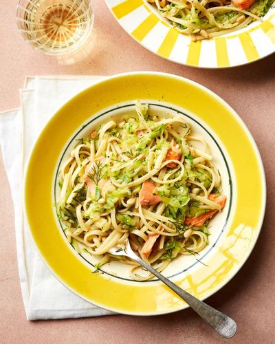 Rukmini Iyer’s quick and easy recipe for courgette linguine with trout, lemon and dill