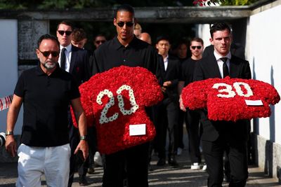 Liverpool players join mourners in Portugal for Diogo Jota’s funeral