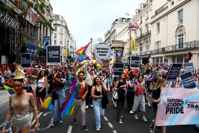 LGBT+ artists decry Supreme Court ruling as tens of thousands turn out for rainy London Pride parade