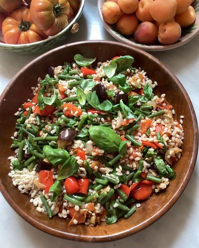 Rachel Roddy’s recipe for roast summer vegetable, herb and pearl barley salad