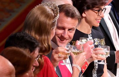 French President Emmanuel Macron winks at Catherine, Princess of Wales during banquet