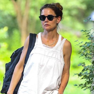 Katie Holmes Breaks the Office-Only Curse on Khaki Pants With a Baby Doll Dress and Ballet Flats