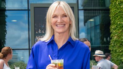 Thought joggers couldn't be elevated? Jo Whiley's violet-blue pair and matching shirt made a stunning Wimbledon outfit