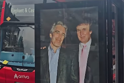 Poster of Trump with Epstein put up in London ahead of state visit