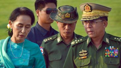 Myanmar's military leader appears at event honouring Aung San Suu Kyi's father