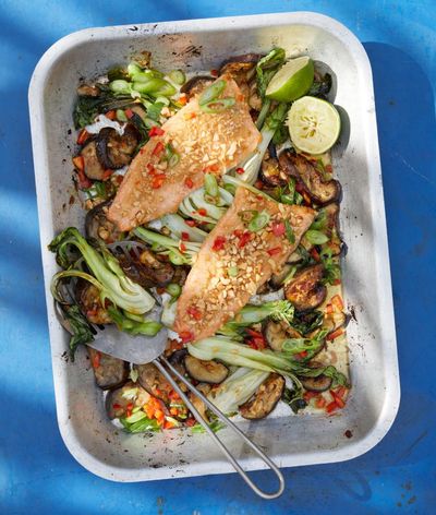 Rukmini Iyer’s quick and easy miso trout with aubergine, pak choi and peanuts – recipe
