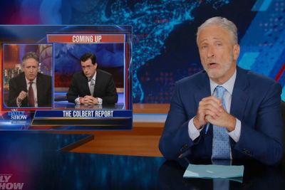 Jon Stewart says ‘this is not the moment to give in’ during passionate defence of Stephen Colbert