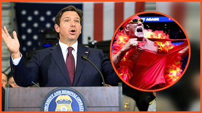 ‘You bowed down to a’: Epstein heckler crashes Ron DeSantis Hulk Hogan tribute