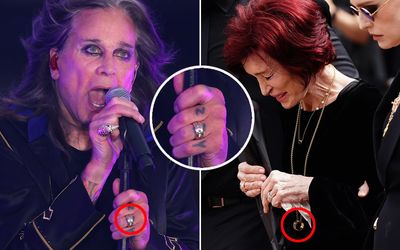 Distraught Sharon Osbourne sports Ozzy's wedding ring around her neck as she attends his funeral