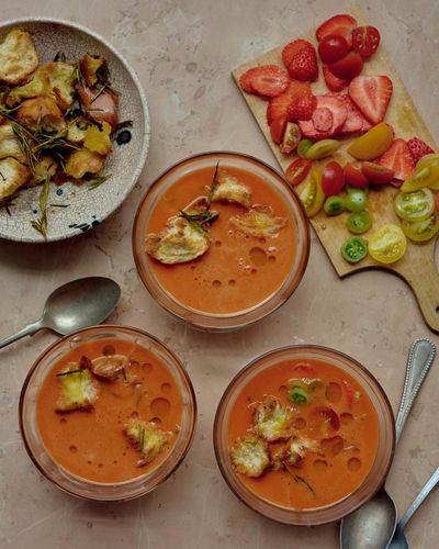 Rukmini Iyer’s quick and easy recipe for watermelon and tomato gazpacho with rosemary croutons