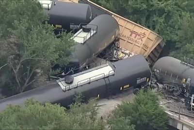 Video shows mangled train cars on top of each other after huge derailment