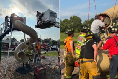 Firefighters forced to cut open child’s playground slide to release middle-aged man stuck inside