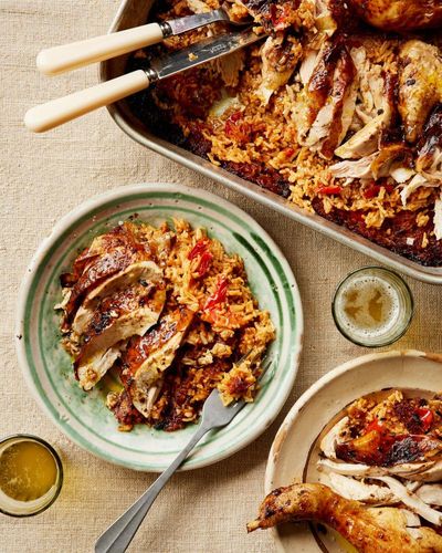 Thomasina Miers’ recipes for rice-stuffed roast chicken and courgette soda bread