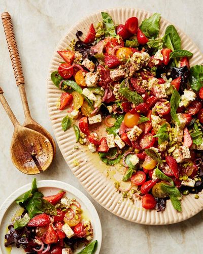 Sami Tamimi’s recipes for courgette and maftoul bake, and sumac-marinated feta salad