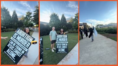‘Thank you for your service’: Woman poses with anti-abortion sign only to run away with it