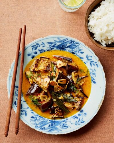 Julie Lin’s recipes for cooking for one: yellow curry with baby aubergine, and Chinese-style spicy garlic celery