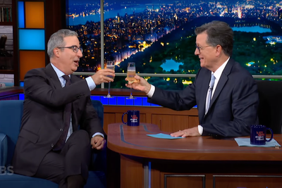 Stephen Colbert and John Oliver toast late-night shows ‘while supplies last’