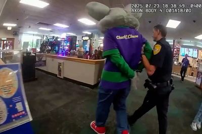 Moment Chuck E Cheese is put in handcuffs in front of kids ‘for stealing customer’s credit card’