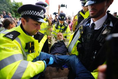 Police draw batons as violent clashes erupt during mass arrests at Palestine Action protest in Parliament Square