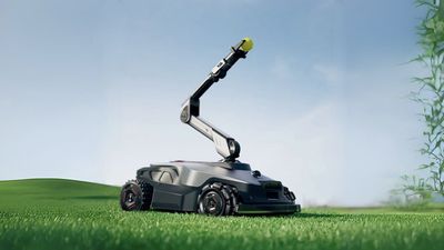 This robot lawn mower has a mechanical arm that trims your hedges