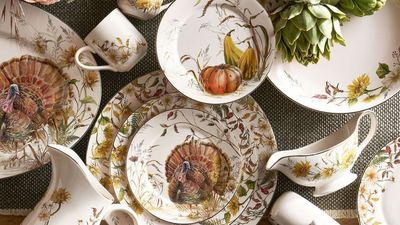 I'm diving straight into Pottery Barn's Thanksgiving tableware – it's a riot of seasonal color and charm