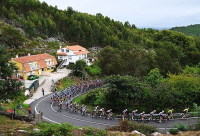 Police remove tree trunk cut down across road on stage 16 of Vuelta a España