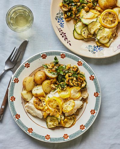 Thomasina Miers’ recipes for cod with courgettes, green olives and lemon, and a blackberry and almond slice