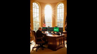 President Trump posts an AI-generated image of him trading Intel stock inside the White House — imaginary share was bought at $20 and sold at $30, reflective of real-world prices