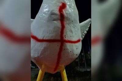 Two-metre-tall goose mascot defaced with St George’s Cross