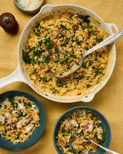 Georgina Hayden’s leek, pancetta and white wine orzo