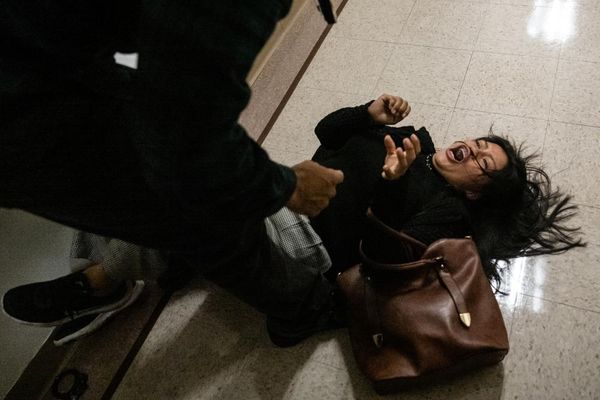 Ice officer ‘relieved of duties’ after video shows him manhandling woman at New York immigration court