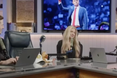 Erika Kirk sits next to husband Charlie’s empty chair as she joins podcast