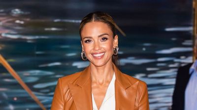 Wondering how to style a leather blazer? Jessica Alba's supple tan tailoring and soft cotton dress reveal all