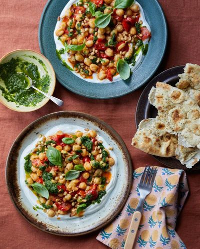 Rukmini Iyer’s quick and easy recipe for herb-spiked chickpeas with tomatoes and pine nuts