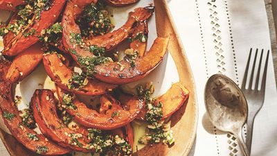 On the grill or in the oven, this seasonal roasted pumpkin is a colorful and hearty addition to fall mains