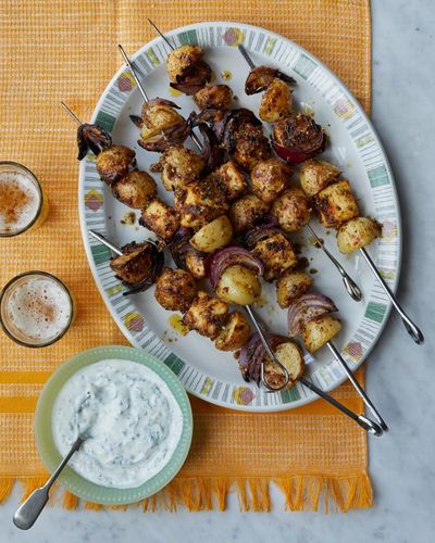 Rukmini Iyer’s quick and easy gunpowder paneer and potato skewers with lime-mint dressing – recipe