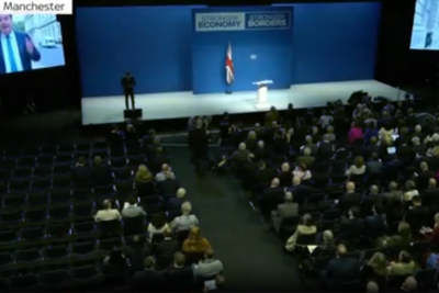Video shows empty seats during key Conservative party conference speech