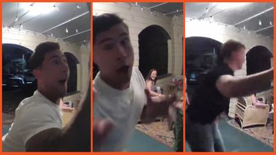 ‘HOW did they not see you?’ Guys playing ding-dong ditch are blissfully unaware the victims of their prank are sitting right behind them