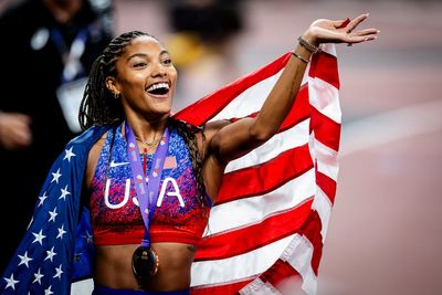 Women's long jump takes over Times Square as Athlos brings track to the bright lights