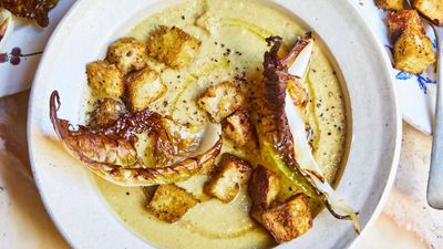 This plant-based soup is naturally creamy and uses the best of the season's produce – the spiced sourdough croutons add a divine crunch