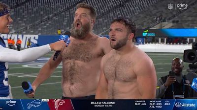 Cam Skattebo Gives Ryan Fitzpatrick Shirtless Chest-Bump to Celebrate Giants' Win