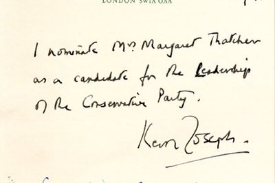 Margaret Thatcher’s 1975 Tory leadership nomination paper found in forgotten box