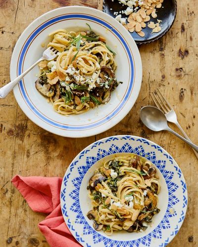 Thomasina Miers’ recipes for mushroom linguine with chard, and poached pears with spiced hazelnut crumble