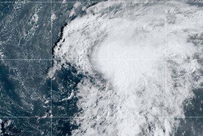 Tropical Storm Lorenzo churns over open water in the Atlantic Ocean
