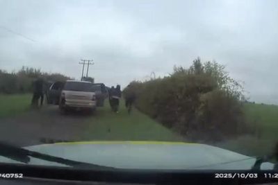 Moment 10 suspected hare chasers with dogs crammed inside 4x4 chased by police