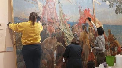 Spanish 19th century Columbus painting defaced by activists will require a 'second reconstruction'