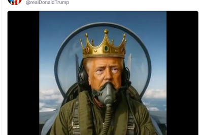 Trump posts AI video of himself flying KING TRUMP jet and bombing protesters with brown liquid