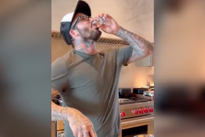 David Beckham pokes fun at Victoria’s cooking skills as he downs shots of tequila making Sunday lunch