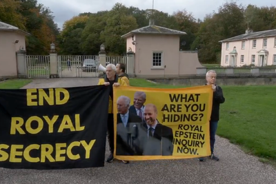 Demonstrators protest outside Prince Andrew’s Royal Lodge home
